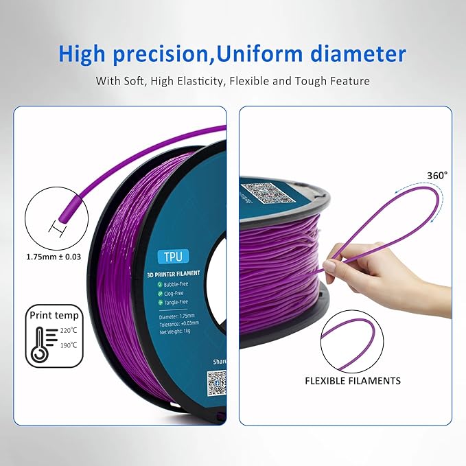 Geeetech TPU Filament 1.75mm ??95A Flexible 3D Printer Filament with High Elasticity, 1KG (2.2lbs) Spool, Dimensional Accuracy 짹0.03mm, Fits Most FDM Printers (Purple)