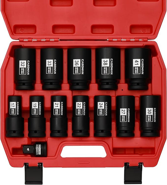 CASOMAN 3/4" Drive Deep Impact Socket Set, 13Piece Jumbo Socket Assortment, Metric(17mm to 41mm), 6-Point, Include 1/2" F to 3/4" M Adapter, CR-MO Steel