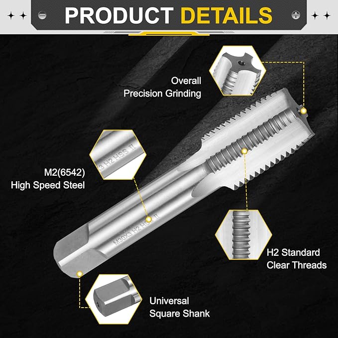 uxcell Hand Plug Tap M30 x 3 H2 Metric Thread Plug Style Taps Straight Flute Screw Tapping Threading Tool High Speed Steel HSS6542