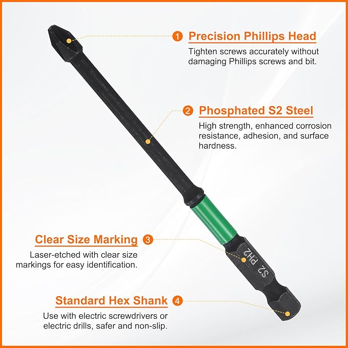 HARFINGTON 3pcs #2 Impact Phillips Screwdriver Bit PH2 1/4" Hex Shank 4" (100mm) Long 0.16" Rod Magnetic Cross Head Drill Bits S2 Steel Industrial Screw Driver for Impact Power Drivers