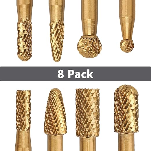 8Pcs Carbide Burr Set (1/4" & 3/8" Diameter) with 1/4 inch Hex Shank,Double Cut Tungsten Carbide Rotary Burr Set for DIY Grinder Metal Wood Carving Engraving Polishing Drilling Grinding Milling