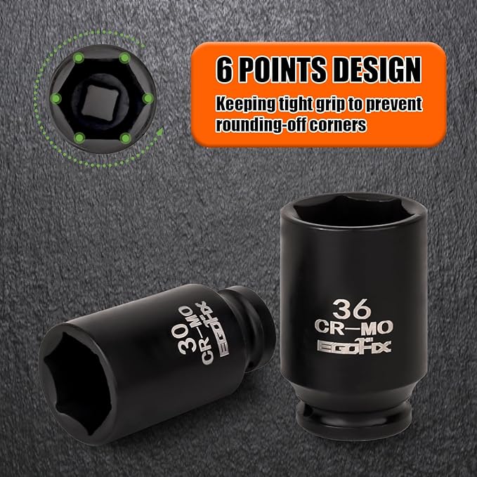 1/2" Impact Axle Nut Socket Set 10 Pieces, Drive Deep CR-MO 6 Point 30,31,32,33,34,35,36mm Metric Socket, with 3/8" - 1/2" Socket Adapter Set, Universal Joint Socket