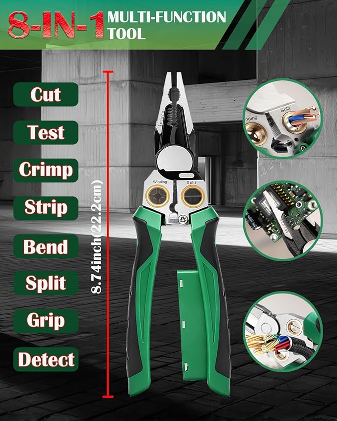 Chicat 8-in-1 Wire Stripper with Voltage Tester,Multi-function Electric Pliers,Professional Wire Cutter & 12V-250V AC/DC Neutral Tester,Electrician Tools & DIY Tool (Green)