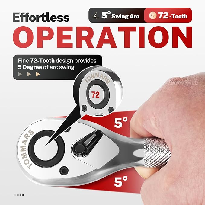 TOMMARS Stubby Ratchet Set, 1/4", 3/8", 1/2" Drive Ratchet Handle Wrench 72-Tooth Quick-Release Reversible, Gift for Men Mechanic Hand Tools