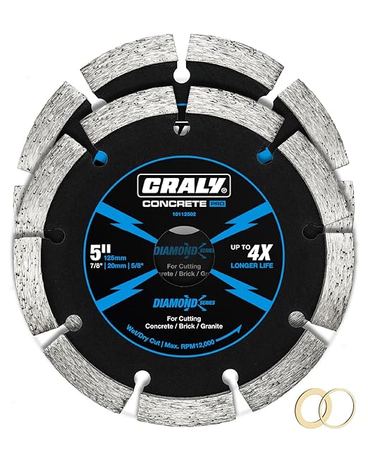 CRALY 5 Inch Super Thin Segmented Diamond Blade, 7/8 in Arbor, 5'' Diamond Stone Blade for Angle Grinder & Masonry Saw, Diamond Cutting Wheel for Cutting Concrete, Brick, Granite, Block, 2PC