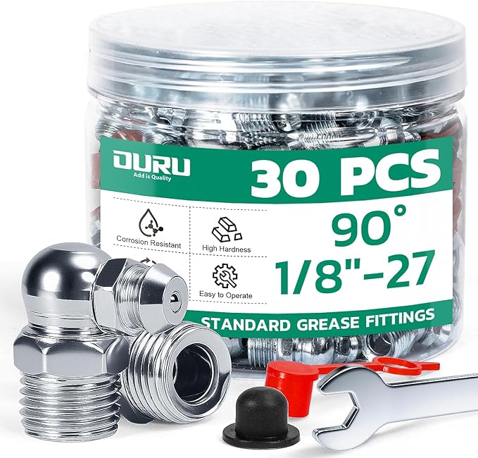 30PCS 1/8"-27 Grease Fittings Kit, SAE Zerk Grease Fittings 90 Degree with Grease Fitting Caps & Wrench Kit(11mm) for Grease Gun
