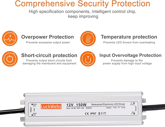 LED Driver 12V150W Waterproof Switching Power Supply AC90-130V to DC 12V12.5A Low-Voltage Transformer IP67 Converter Suitable for Indoor Outdoor LED Strip Lights and 12V DC Devices