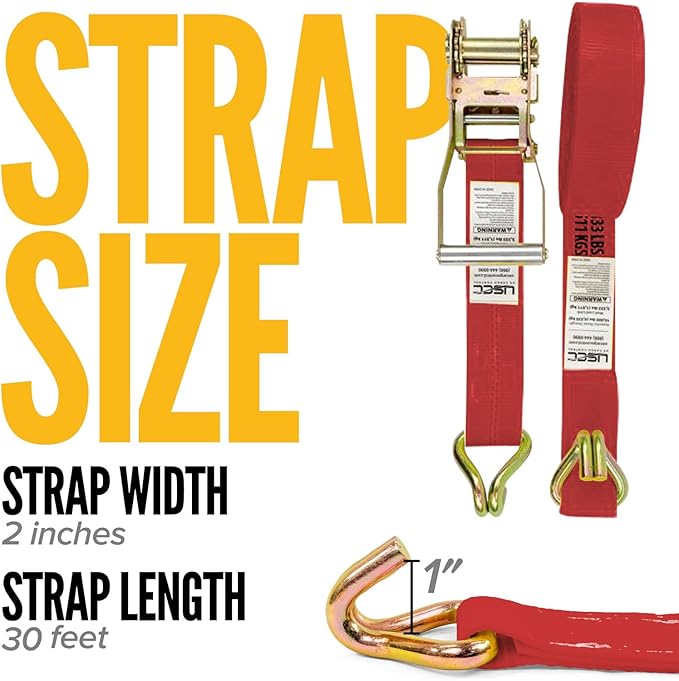 US Cargo Control Wire Hook Ratchet Straps 2 Inch x 30 Foot (2-Pack), 10,000 LBS Break Strength, Ratchet Straps Heavy Duty with Double J Hooks, Red Cargo Tie Downs for Flatbed Trailers and Trucks