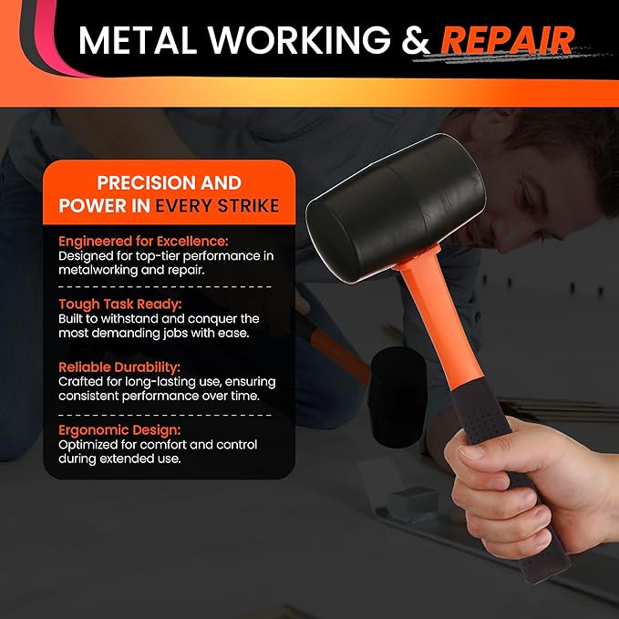 8oz Rubber Mallet Hammer | Non-Marring Soft Blow Mallet with Fiberglass Shock-Absorbing Handle for Woodworking, Flooring, Camping, and Assembly