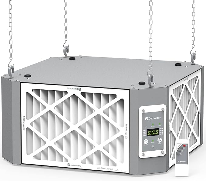 360째 Woodshop Air Filtration System Woodworking - 1050/1350 CFM, Built-in Ionizer, with Strong Vortex Fan, Shop Air Filtration for Garage, Works Shop, Dust Collectors System, Gray, KMF12D Pro