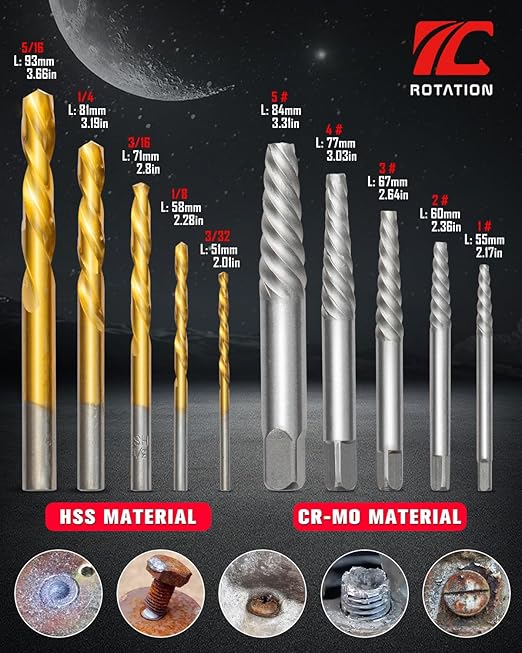 ROTATION 10-Piece Screw Extractor and Drill Bits Set, Bolt Remover Kit, for Removing Stripped Screws & Broken Bolts, HSS & CR-MO
