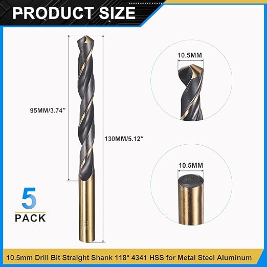PATIKIL 10.5mm Drill Bit, Jobber Straight Shank 4341 High-Speed Steel 118째 Black and Gold Finish for Medium-Hard Metal Steel Acrylic - 5 Pack