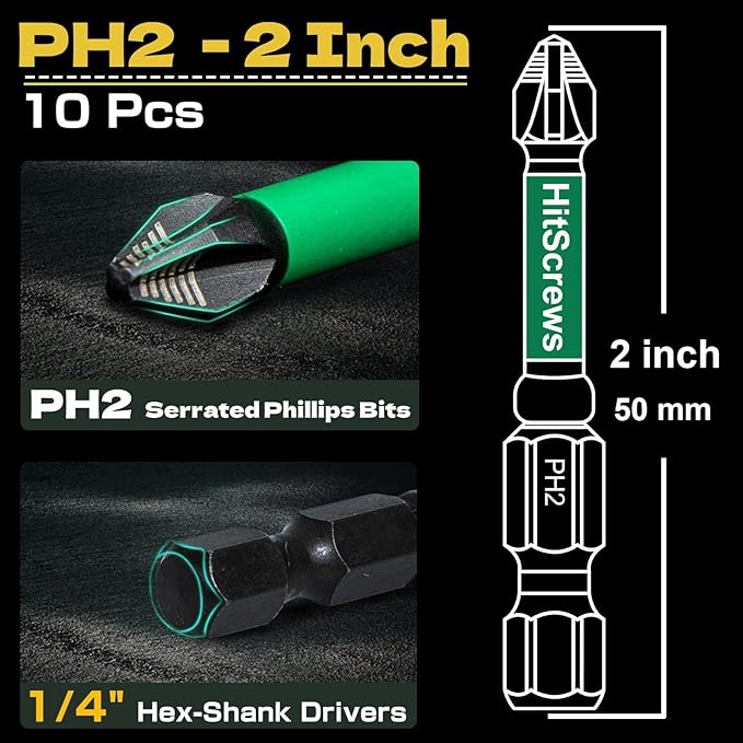 2 Inch Anti Slip Phillips Impact Driver Bits #2, New Precision Laser-Etched Micro-Slip Grip, S2 Steel Ph2 Magnetic Screwdriver Bits For Heavy-Duty Repairs & Home Improvement | 10 Pack