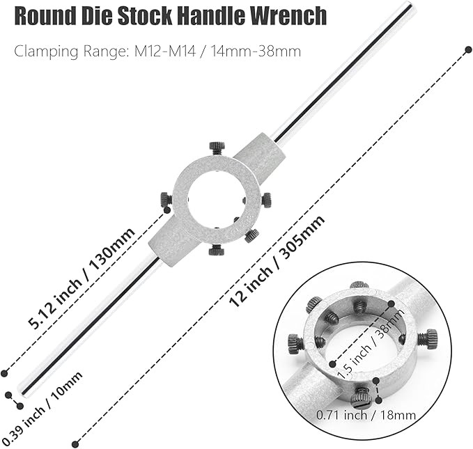 Qjaiune 1.5 inch / 38mm Round Die Stock Handle Wrench, Adjustable Die Wrench Handle Holder, Heavy Duty Threading Die Holder Handle (Metric, M12-M14)