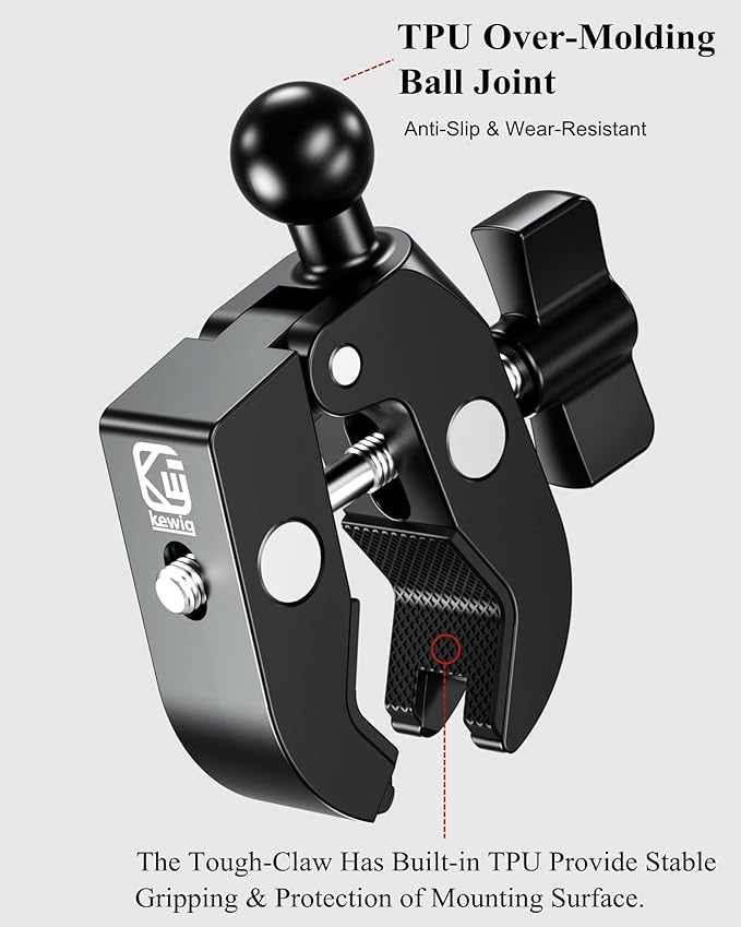 BRCOVAN 17mm Ball Clamp Mount Base with Aluminum Alloy Tough-Claw, Fit Handlebar Rail 0.5'' to 1.75'' in Diameter, Fit Bike Motorcycle Phone Mount Holder with 17mm Ball Socket & Double Socket Arm