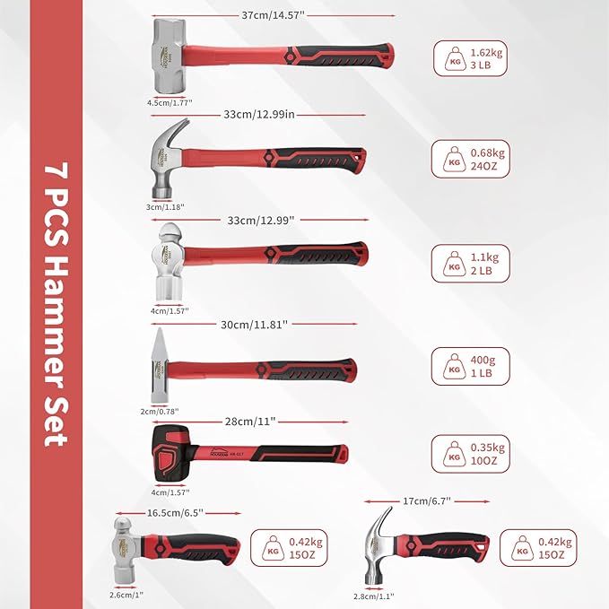 7-Pieces Hammer Set, 24 oz Claw Hammer, 12oz Claw Hammer, 13oz Ball Peen Hammer, 2 Lb Ball Peen Hammer, 3 Lb Sledge Hammer, Engineer Hammer, 10oz Rubber Mallet
