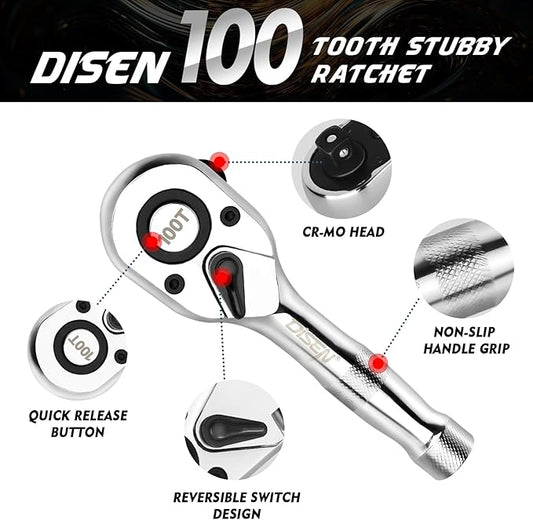 DISEN 3-Piece Stubby Ratchet Set ??1/4", 3/8", 1/2" Drive | 100-Tooth Ratchet with EVA Storage Tray | Quick Release Button | Non-Slip Grip | Reversible 3.6째 Design for Tight Spaces, Chrome Finish