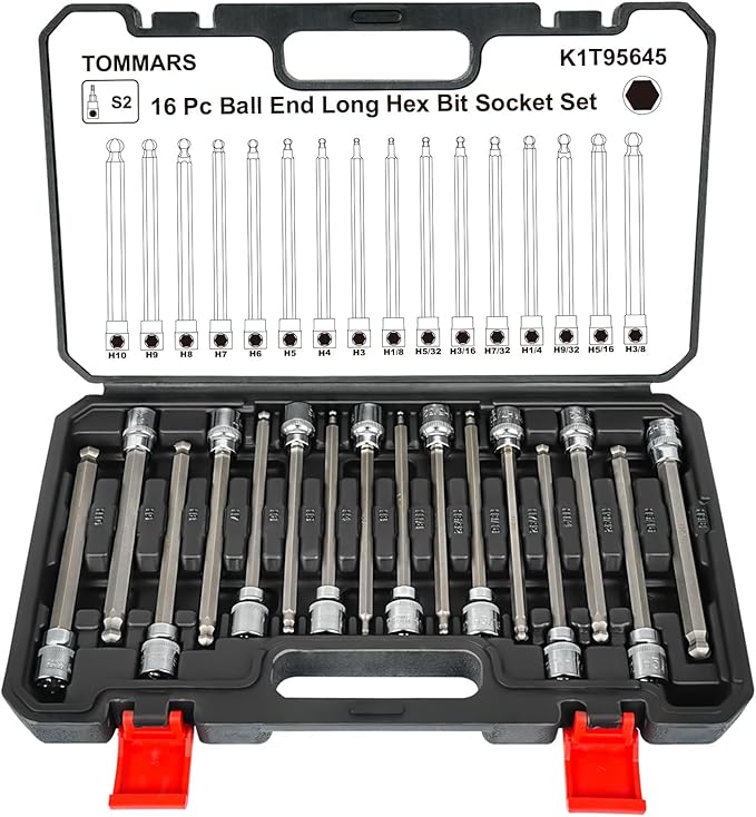 TOMMARS 16-Pc 3/8 Inch Drive Ball End Long Hex Bit Socket Set, Extra Long Allen Socket Set, CR-V and S2 Steel, SAE & Metric 1/8-3/8 in., 3-10 mm.