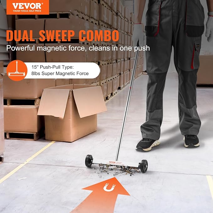 VEVOR Magnetic Sweeper with Wheels, 15inch Mini Magnetic Sweeper, 8 lbs Capacity, Adjustable Handle, Lightweight Magnetic Pickup Sweeper to Pick Up Nails and Screws, Easy Cleanup of Workshop Garage