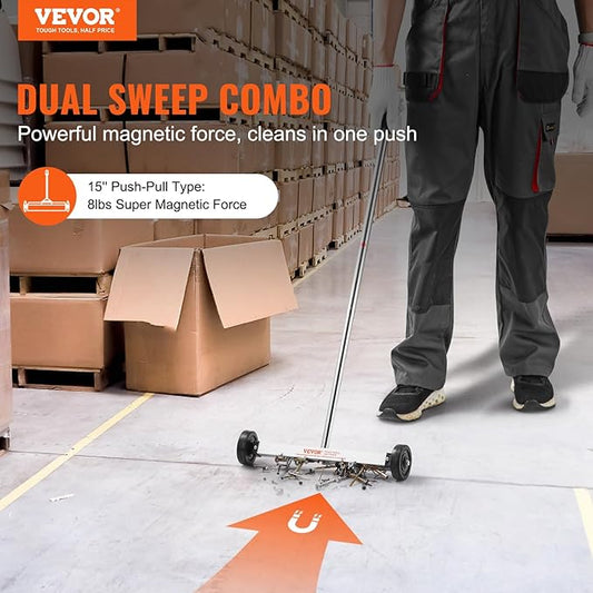 VEVOR Magnetic Sweeper with Wheels, 15inch Mini Magnetic Sweeper, 8 lbs Capacity, Adjustable Handle, Lightweight Magnetic Pickup Sweeper to Pick Up Nails and Screws, Easy Cleanup of Workshop Garage