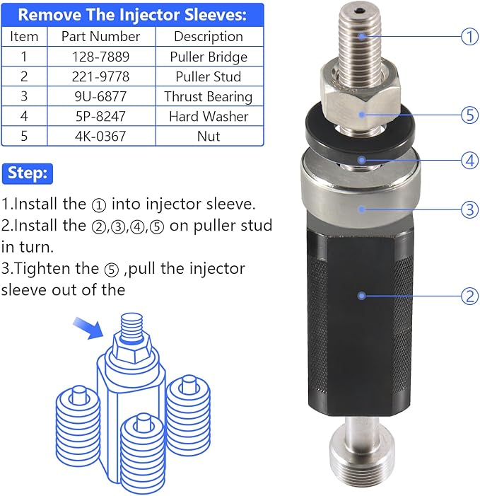 9U-6891 Injector Sleeve Remover Installer Set+9U-7227 Injector Height Tool+J-38587-a Engine Barring Socket Installer Tool Set Compatible with CAT Caterpillar 3406E C-15 C-16 Engines (8 PCS)