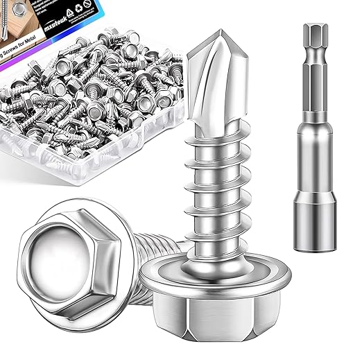 mxuteuk #8횞1/2" Self Tapping Screws,410 Stainless Steel Self Tapping Screws for Metal,Self Drilling Screws,Hex Washer Head Sheet Metal Screws Suitable for Wood, Metal or Tough Materials (230PCS)