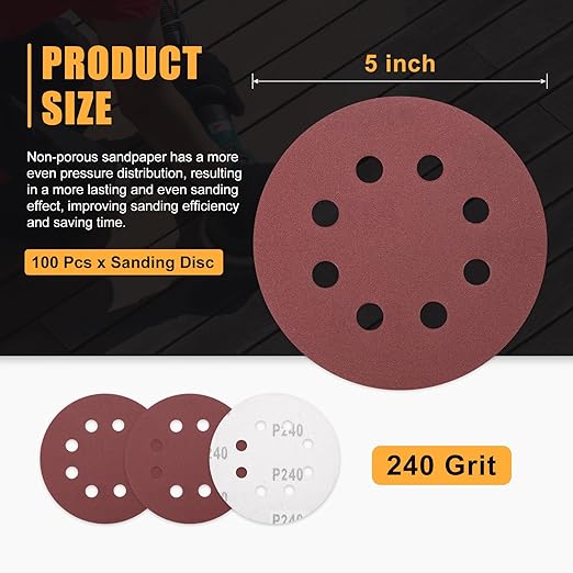 100 Pack 5 Inch Sanding Disc 240 Grit 8 Hole Round Hook and Loop Sandpapers Fit for Orbital Sander Automotive or Cars Repairing, Grinding or Polishing, Red