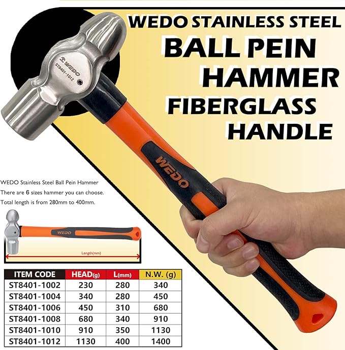 WEDO 0.5lb Ball Pein Hammer,Stainless Steel Ball Peen Hammer With Fiberglass Handle,Length 280mm,Die-forged Hammer Head 230g,Shock-resistant,Corrosion Resistant Drilling Hammer