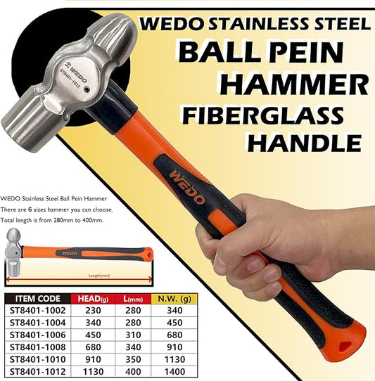 WEDO 2.5lb Ball Pein Hammer,Stainless Steel Ball Peen Hammer With Fiberglass Handle,Length 400mm,Die-forged Hammer Head 1130g,Shock-resistant,Corrosion Resistant Drilling Hammer