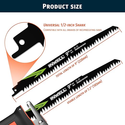 9-Inch Wood Pruning Reciprocating Saw Blades 6-Piece, 5TPI, Sawzall Blades Wood, CR-V Steel Universal Saw Blades Set with Storage Box