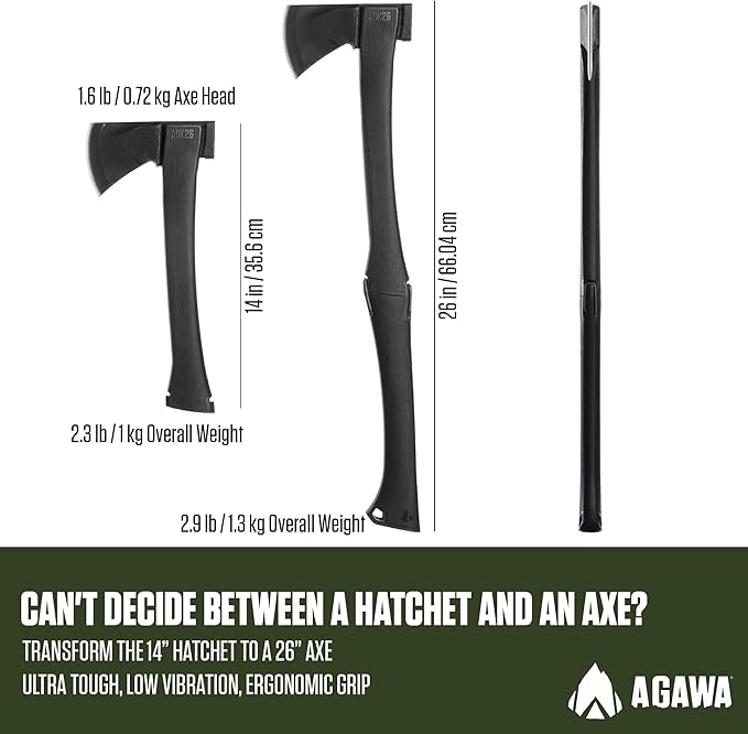 AGAWA ADK26 - Transforming Hatchet & Camping Axe - 2-in-1 Carbon Steel Log Splitter - Camping Gear for Hiking, Fishing, Hunting, Bushcraft, Survival Kit & Bug Out Bag