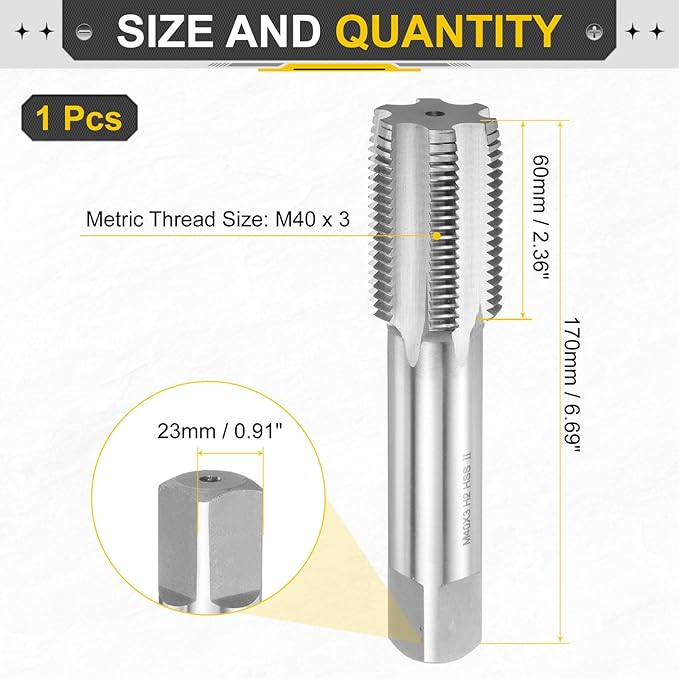 uxcell Hand Plug Tap M40 x 3 H2 Metric Thread Plug Style Taps Straight Flute Screw Tapping Threading Tool High Speed Steel HSS6542