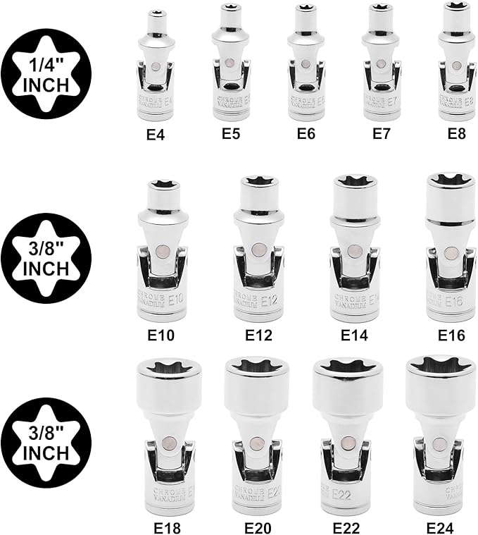EMENTOL 13-Piece Universal Joint Star Socket Set, 3/8" (E4-E8) & 1/4"(E10-E24) Drive U-joint E Sockets, CR-V Steel