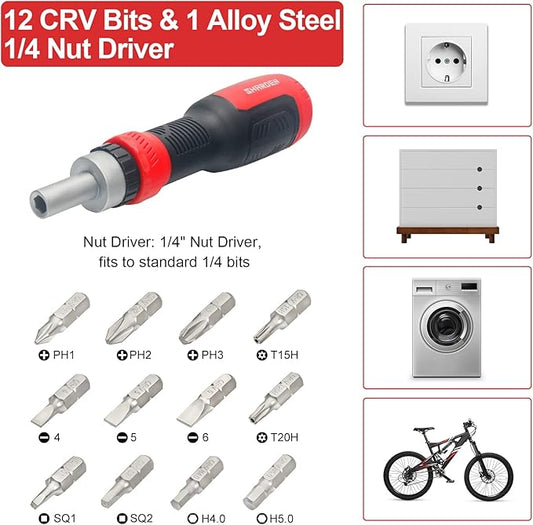 SHARDEN Ratchet Screwdriver 13-in-1 Ratcheting Screwdriver Set Multi Screwdriver Tool All in One with Torx Security, Flat Head, Phillips, Hex, Square and 1/4 Nut Driver