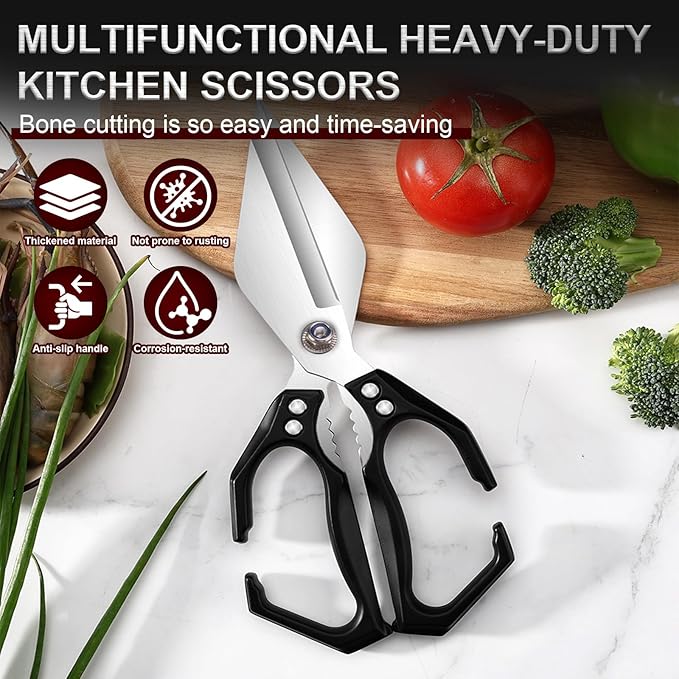 Kitchen Scissors for Food Heavy Duty Poultry Shears Built-In Nutcracker, Japanese High-Carbon Steel Culinary Shears with Ergonomic Handle, All Purpose Kitchen Tool for Chicken, Meat & Seafood (Black)