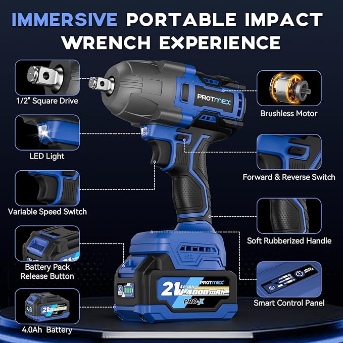 Protmex 900Ft-lbs (1200N.m) Impact Wrench, 1/2" Cordless Impact Gun, 21V High Torque Brushless Impact Driver, 2x4.0Ah Batteries Electric Impact Motor Variable Speeds for Car/Pickup Truck/Mower, Blue