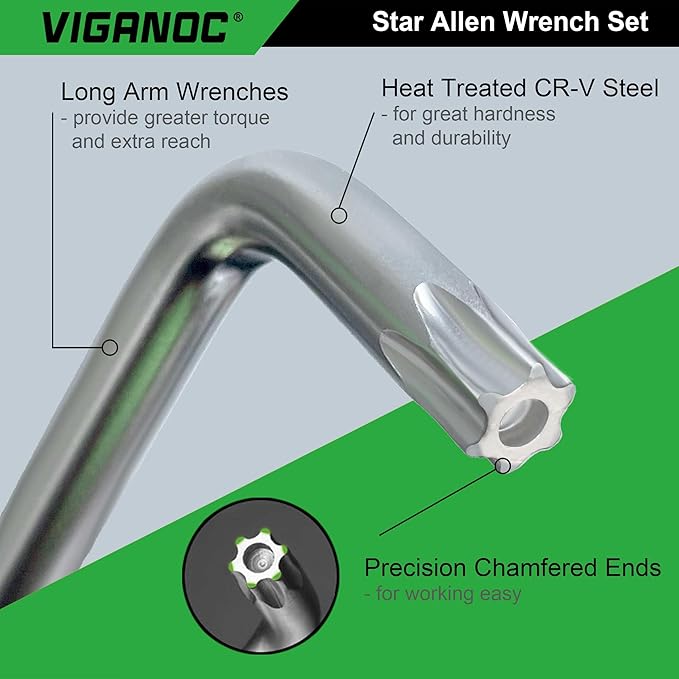 Viganoc Chrome Vanadium Steel Long Arm Torx Star Allen Wrench Set, T10-T50, 9-Piece