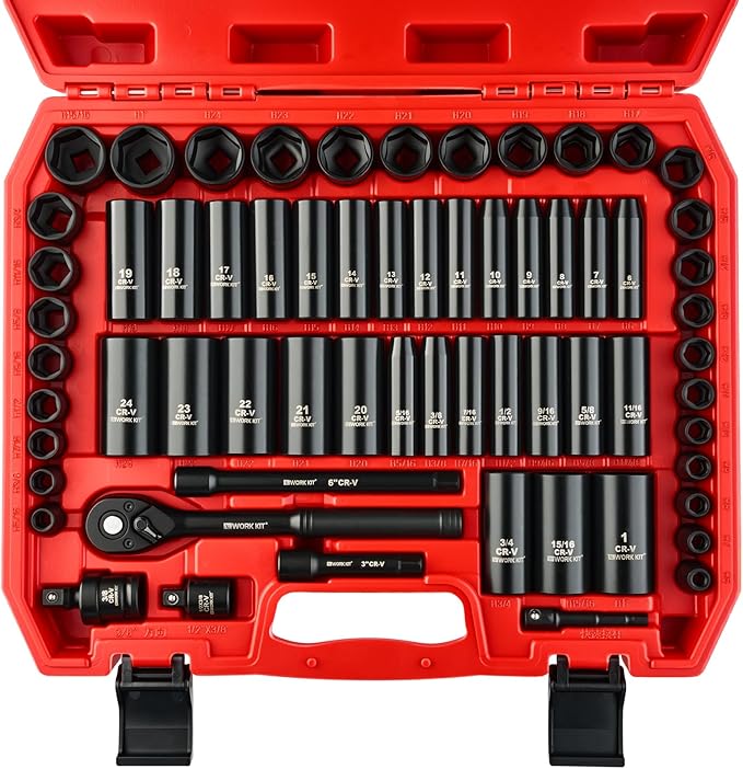 3/8" Drive Impact Socket Set 64-Piece, Deep & Shallow SAE (5/16"-1") & Metric (6-24mm), with 3/8-Inch Ratchet Handle, 6 Points,Cr-V, Extension Bars, Universal Joint, Gift for Men