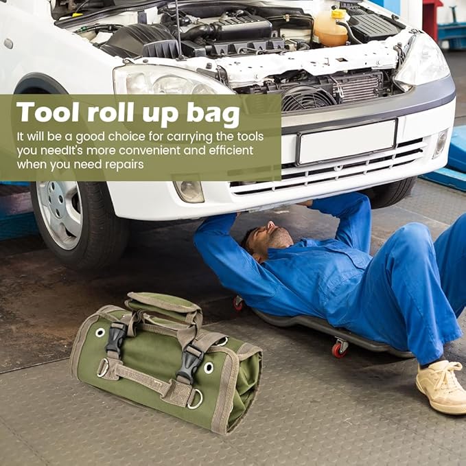 Roll Up Tool Bag, Heavy Duty Tool Organizer with 5 Compartments & 2 Detachable Pouches, Portable Foldable Waterproof Tools Bag for Dad Men Electrician Mechanic Gifts (COLOR:Green)