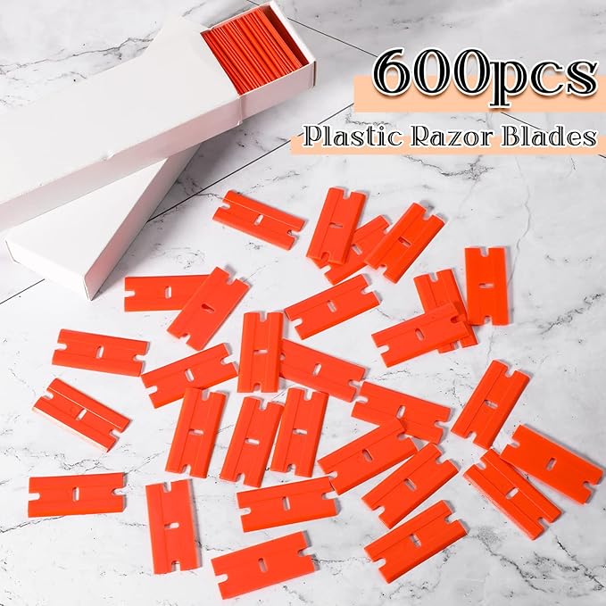 Honoson 600 Pieces Plastic Razor Blade Scraper Blades Plastic Scraper Tools Double Edge Razor Blades with a Tip Slot Edge Blades for Removing Decals, Stickers, Cleaning Window Glass (Orange)