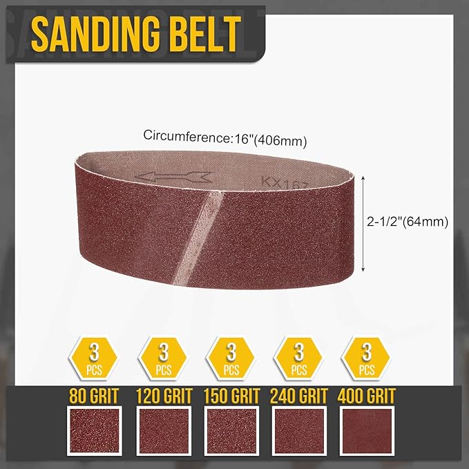 2-1/2 x 16 Inch Sanding Belt, 15 Pcs 80/120/150/240/400 Grits Aluminum Oxide Knife Sharpener Belts Work Sharpening for Belt Sander Knife Carving Tool Metal Working