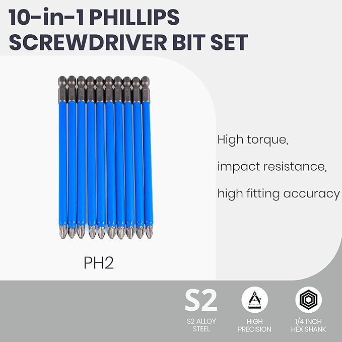 Anti Slip Phillips PH2#2 Screwdriver Bit Set 10PCS 1/4 Inch Hex Shank 6 Inch/150 mm Length S2 Steel with Magnetic for Power Screwdriver Impact Drill Toolkit