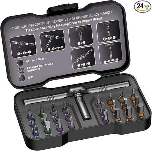 24 in 1 Magnetic Screwdriver Set, DIY Ratchet Screwdriver Set, Multi Bit Magnetic Drive Set with Detachable Ratchet Handle Portable Compact Repair Tool Kit for Furniture Computer Bicycle
