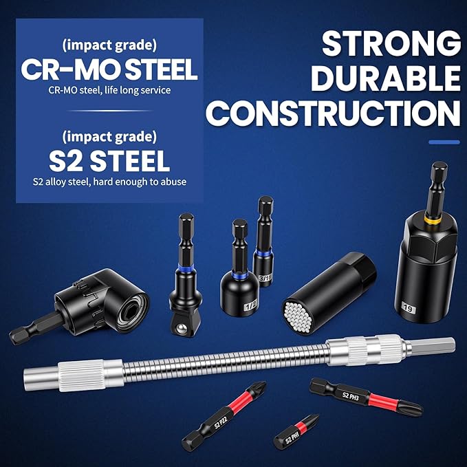 86PCS Magnetic Impact Nut Driver&Bit Set,SAE&Metric,CR-MO Nut Drivers(32pcs),S2 Steel Bits(45pcs),Ratchet Wrench,3 Ball-Head Adapters,Quick-Release Bars,Universal Socket,Flexible Shaft,Angle Driver