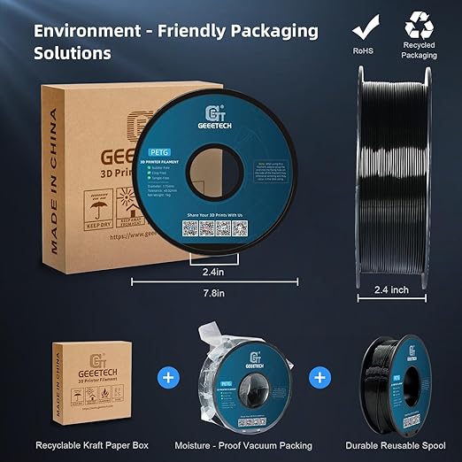 Geeetech PETG Filament 1.75mm, 1 KG (2.2lbs) Spool 3D Printer Filament, High-Toughness, 짹0.02mm Accuracy, Neatly Wound & Moistureproof, Non-Clogging Non-Stringing, Fits Most FDM Printers, Black