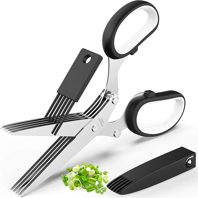 Fun Unique Kitchen Gadgets: Herb Scissors Set - Updated 2025 Cool Kitchen Tools for Cutting Fresh Garden Herbs - Sharp 5-Blade Shears with Cover, Anti-Rust Stainless Steel, Dishwasher Safe (Black)