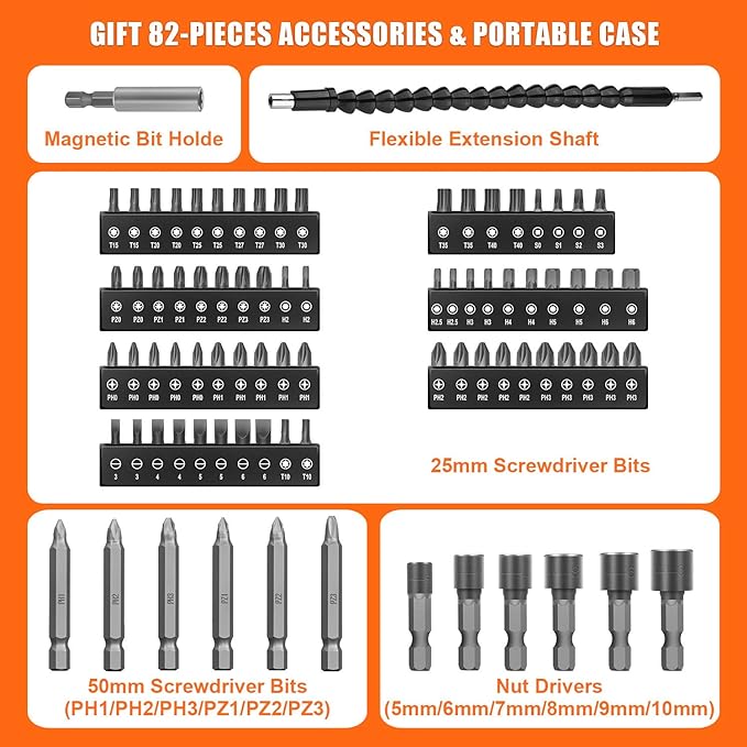 ENERTWIST 8V Cordless Electric Screwdriver, 82pcs 10Nm Max Fast Rechargeable Screwdriver Set with 1Hr Charger and Accessory Kit in Carrying Case, 21+1 Cluth, Dual Position Handle, ET-CS-8K