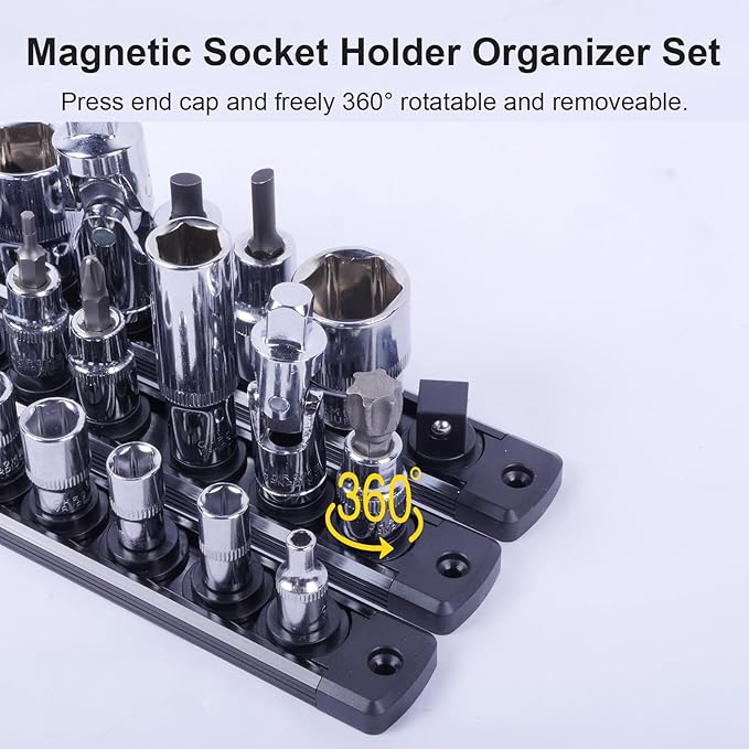 Magnetic Socket Holder Organizer Set:1/4-Inch Drive Socket Trays Socket, 360째 Swivel 14 Clips Socket Holder Kit, For Automotive Mechanic Garage (Black)