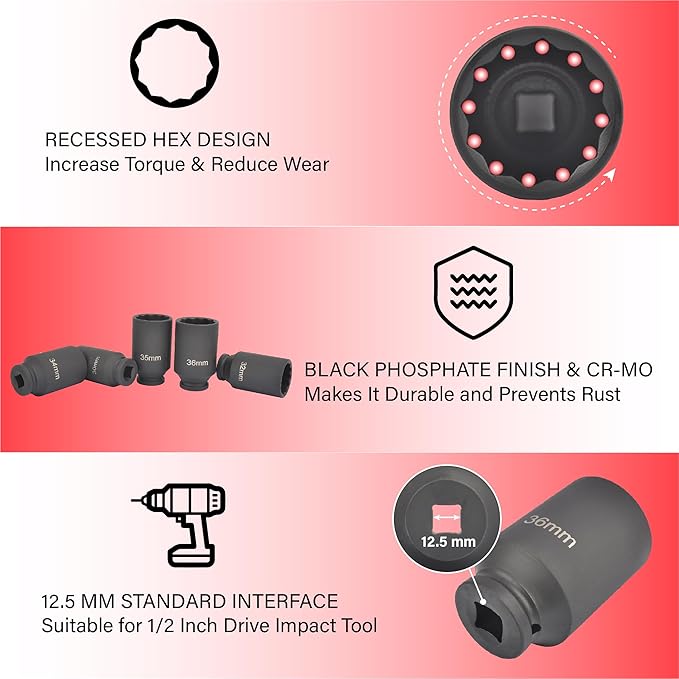 12 Point Deep Impact Socket Set 1/2??Drive 30mm, 32mm, 34mm, 35mm, 36mm, 5Pcs CR-MO Spindle Metric Axle Hub Nut Socket with Heavy Duty Portable Storage Case for Removing & Installing Axle Nuts