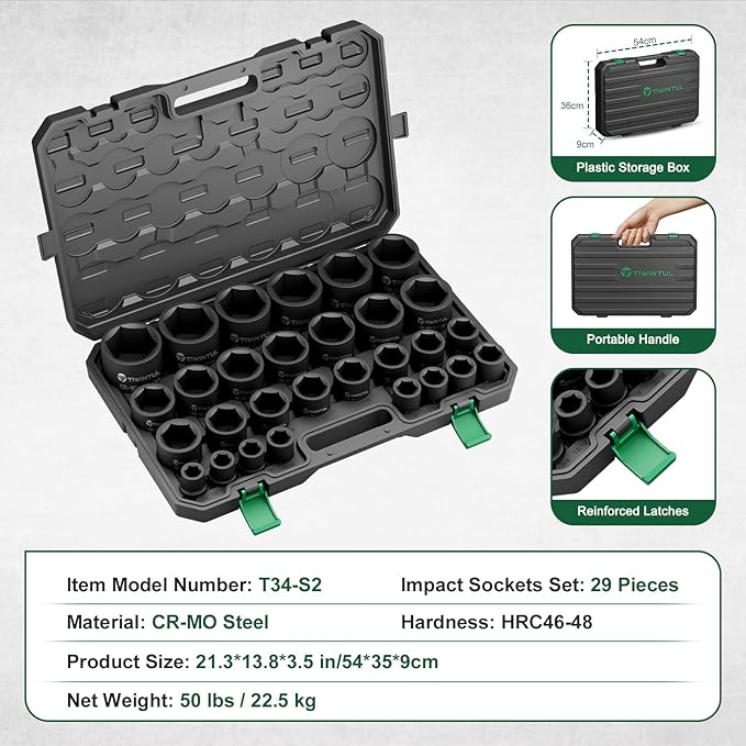 3/4" Drive Impact Socket Set, CR-MO Steel, SAE 3/4" - 2-1/2", 29 Pieces Jumbo Socket Set with a Storage Cage, Heavy Duty Impact & Large Socket Set for Industrial Trucks, Machinery